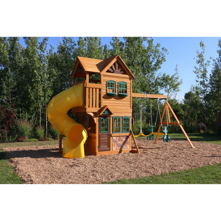 KidKraft Boulder Station Wooden Swing Set / Playset with Tube Slide